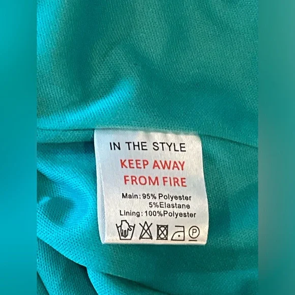 In The Style x Billie Faiers satin contrast high neck ruched skirt in blue/green - Picture 12 of 14